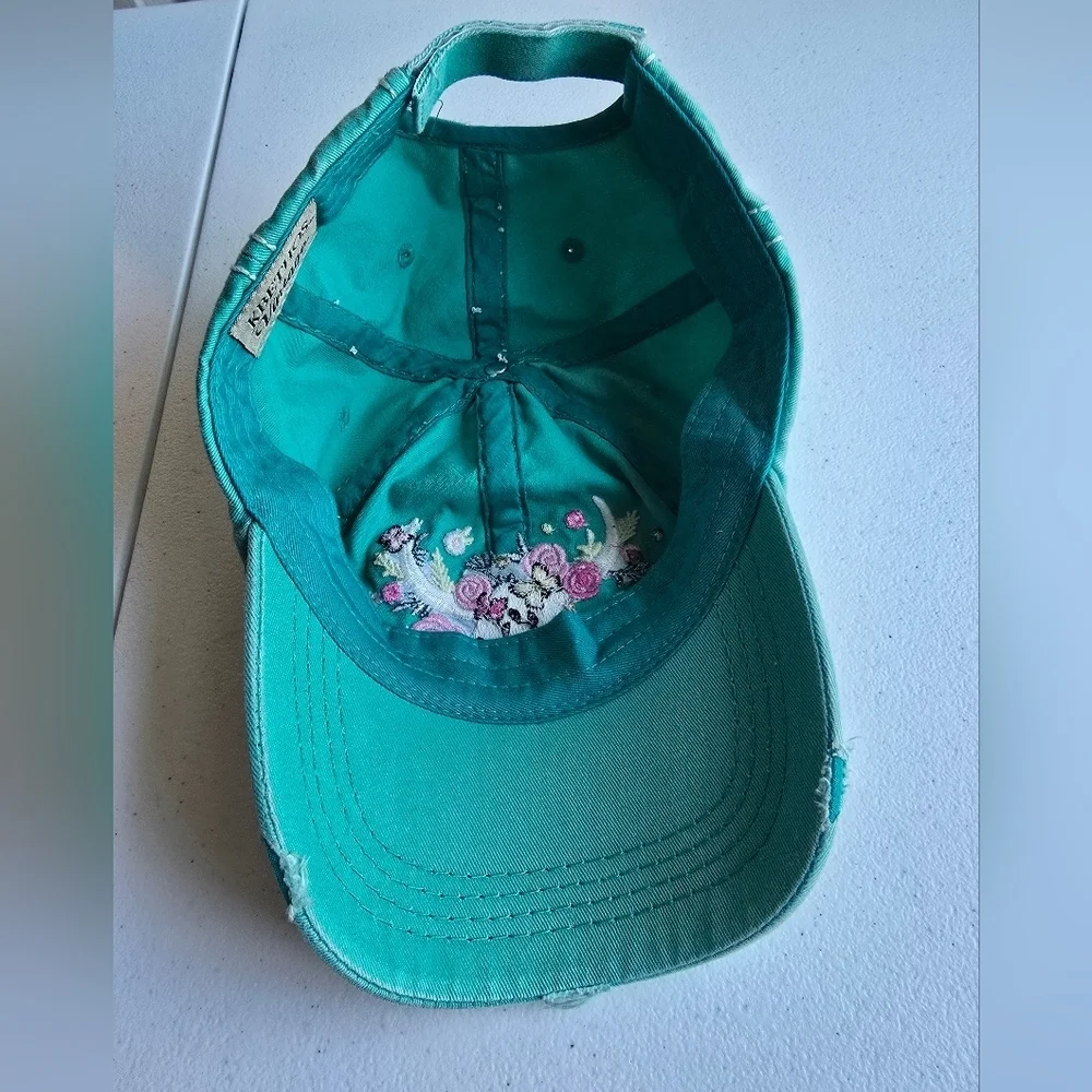 Kbethos Vintage Embroidered Teal Cap with Floral Design.